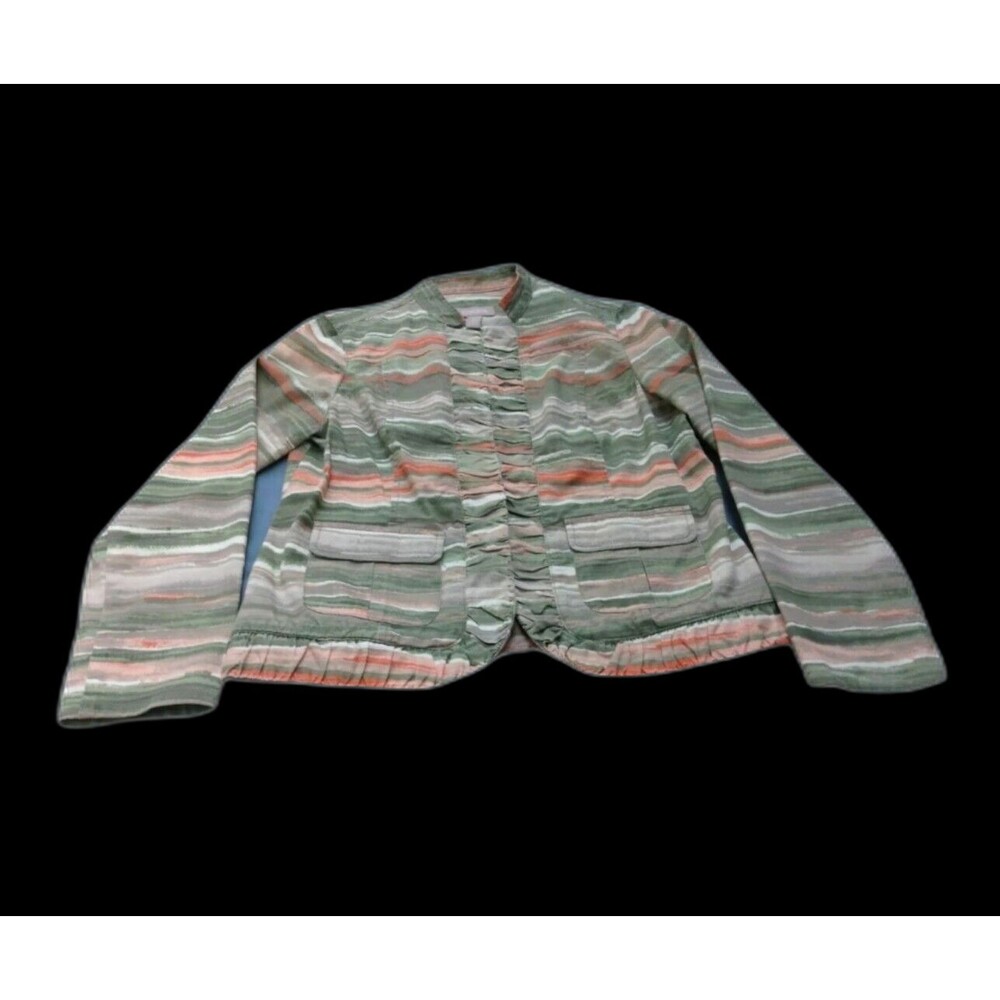 Chico's Woman  Jacket Sz 0 (S) Open Front Ruffle Green Striped Career Office